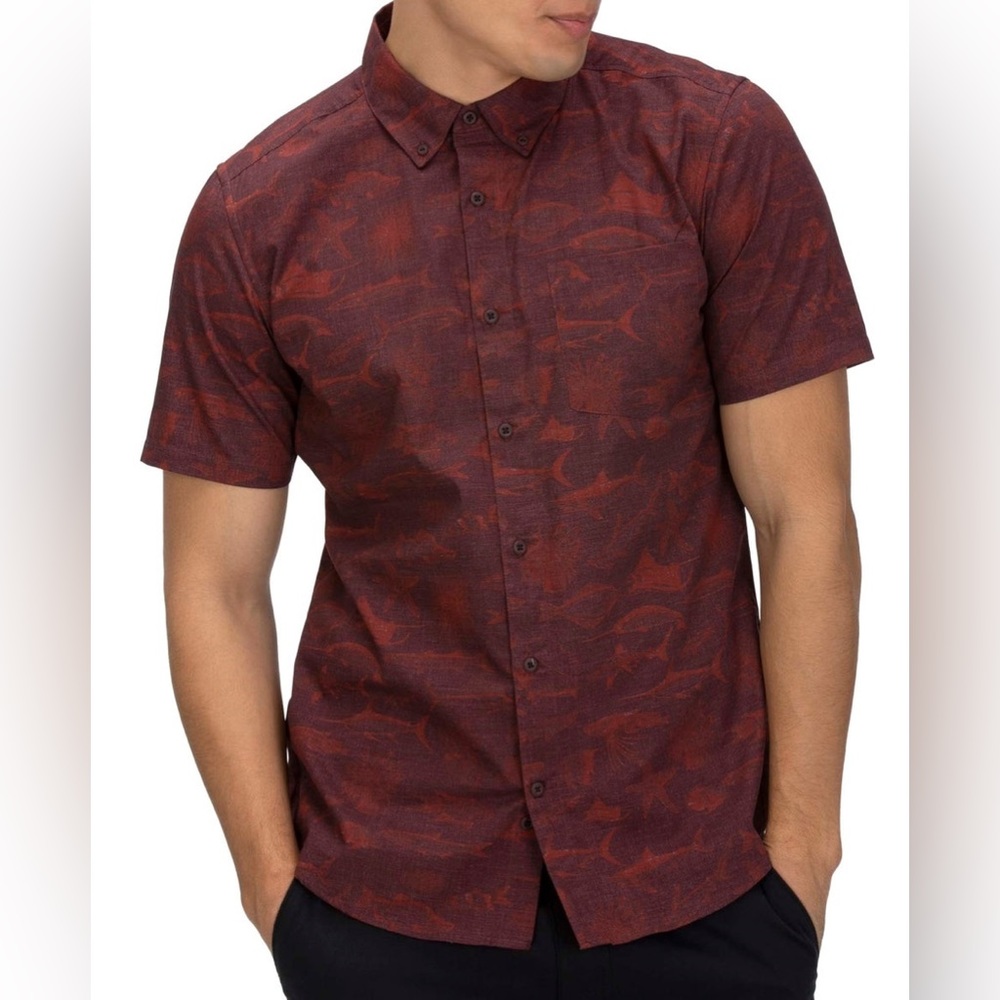 Hurley Men's Gone Fishin' Classic Fit Button Down Red Size XL